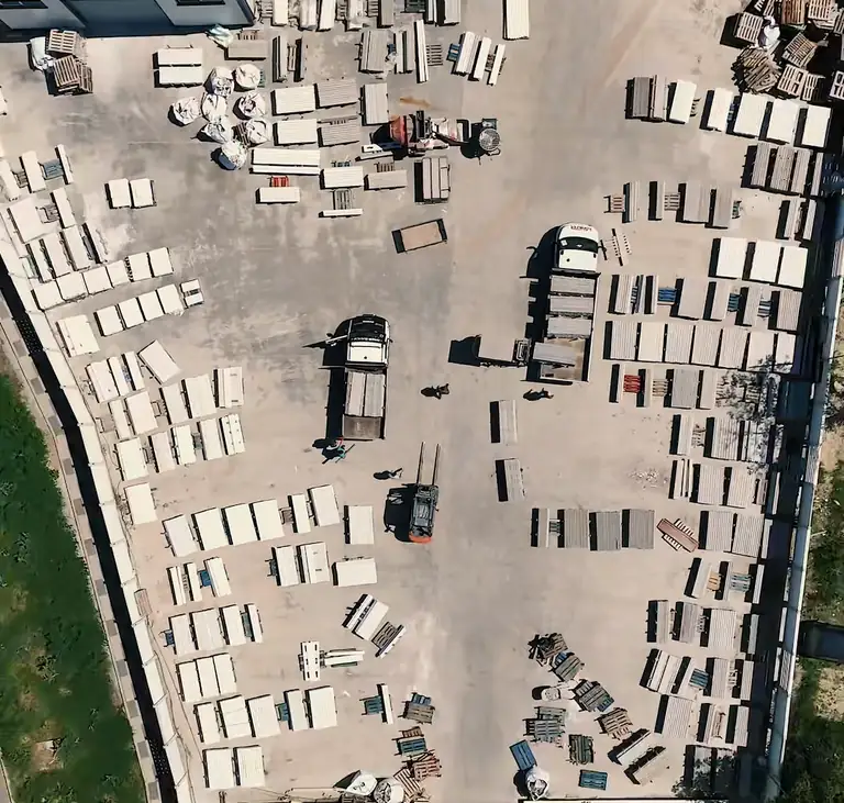 The factory's storage yard, photographed from above by drone