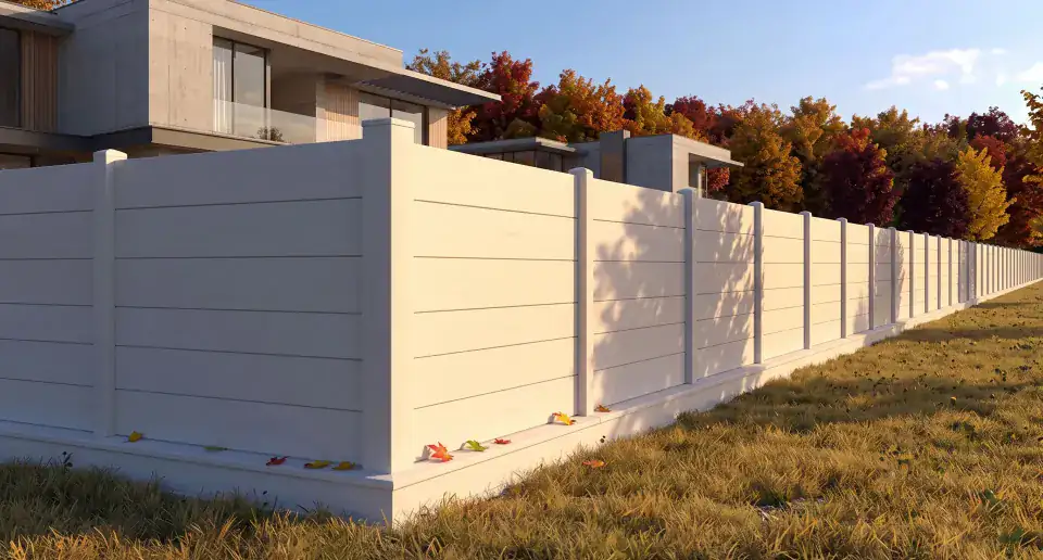 White concrete fence with smooth panels next to a modern house, autumn