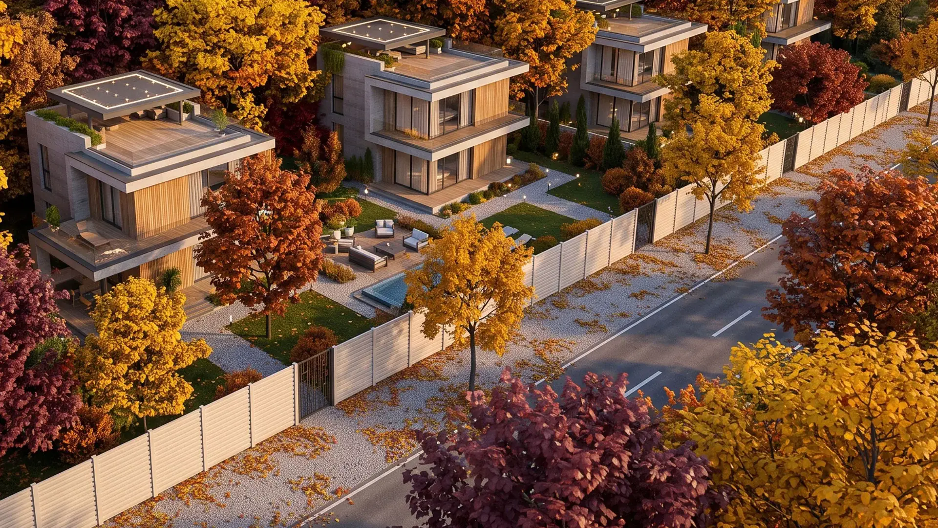 Neighbourhood of houses with concrete fences along the street, aerial view in autumn