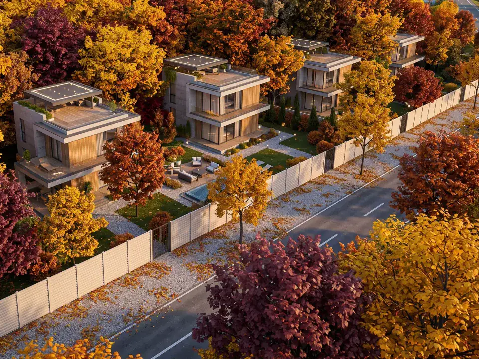 Neighbourhood with concrete fences, aerial view