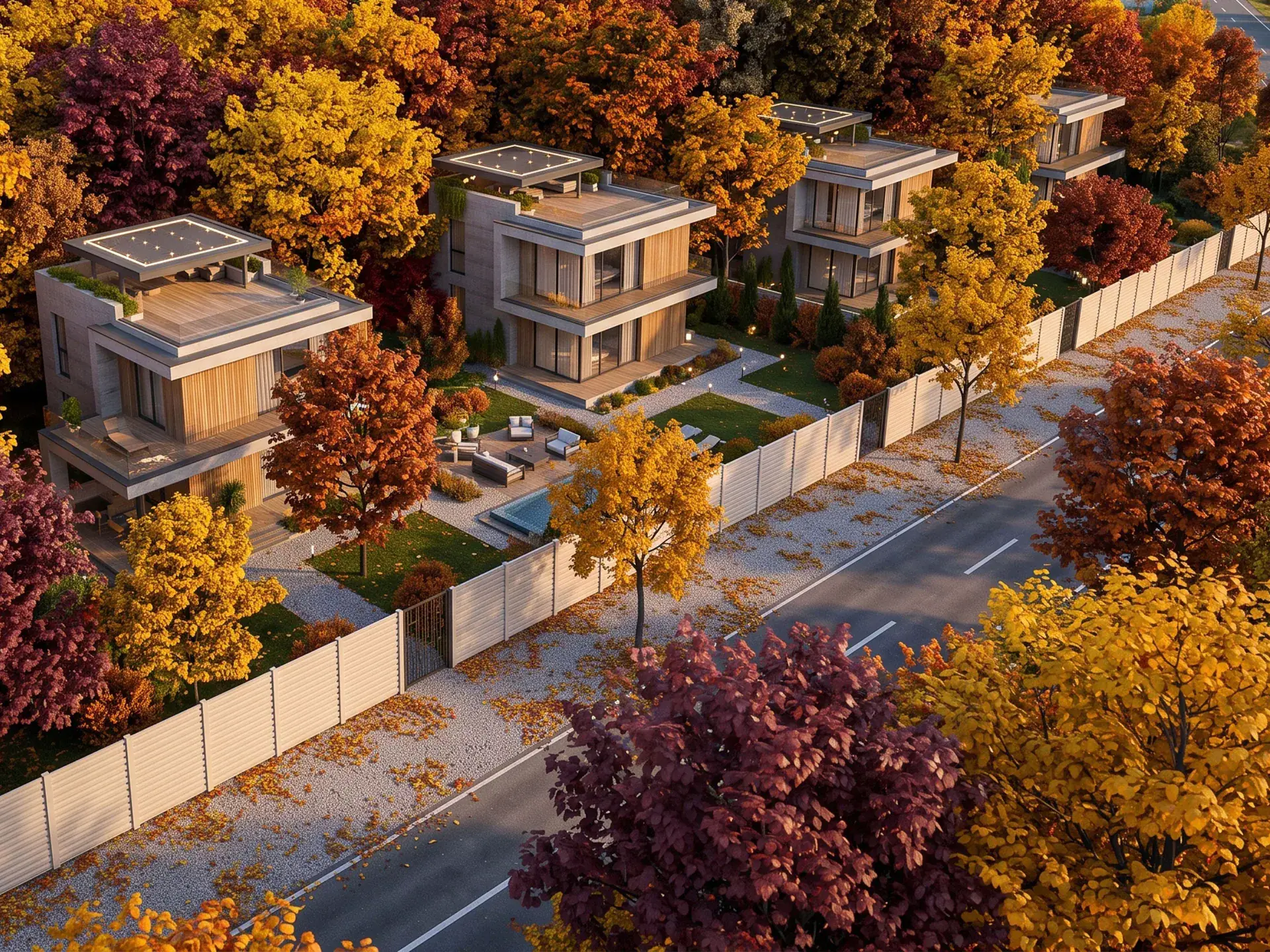 Neighbourhood of houses with concrete fences and gates facing the street