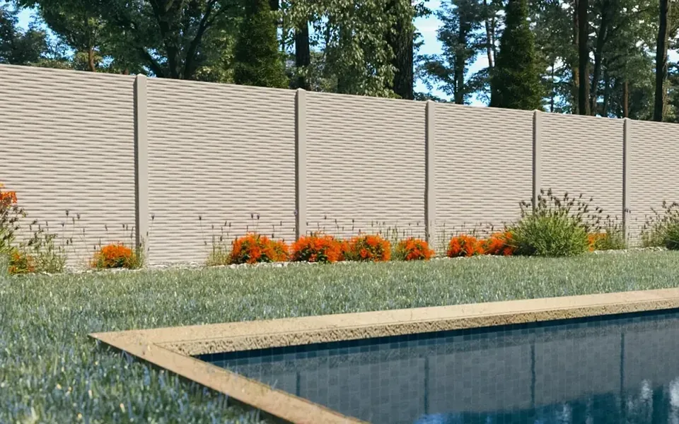 Installed Konkret Line precast concrete fence