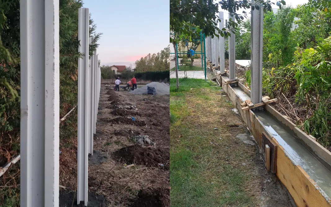 Fence installation: a row of concrete posts and a freshly poured plinth in formwork